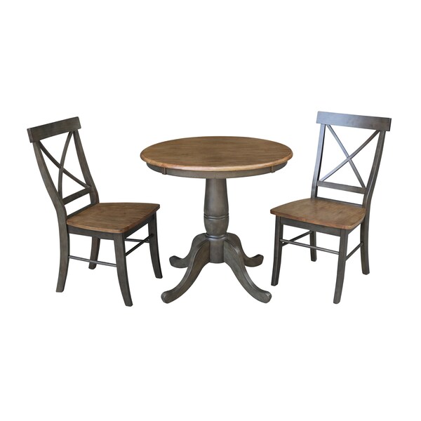 International Concepts Round 30 in Rd Top Pedestal Table, 2 X-Back Chairs, Hickory/Washed Coal, 30 in W, 30 in L, 29.1 in H K45-30RT-C613-2 - main